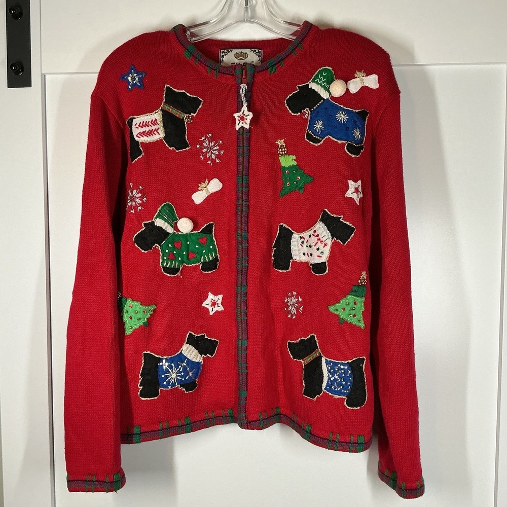 Vtg Tiara International Sweater Womens Large‎ Red Scottie Dog Christmas Cardigan